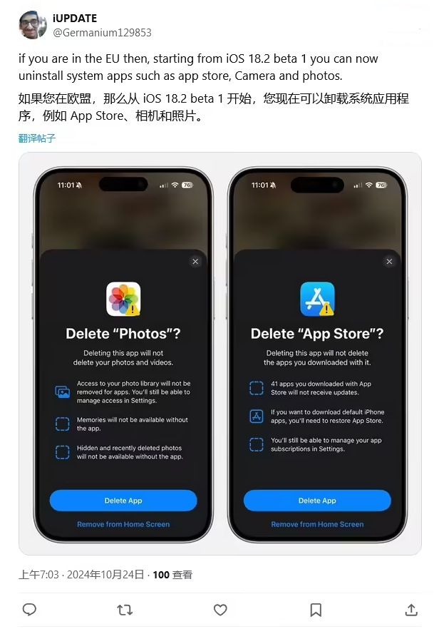 长丰苹果手机维修分享iOS 18.2 支持删除 App Store 应用商店 