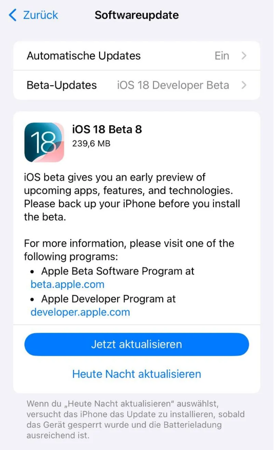 长丰苹果手机维修分享苹果 iOS / iPadOS 18 开发者预览版 Beta 8 发布 